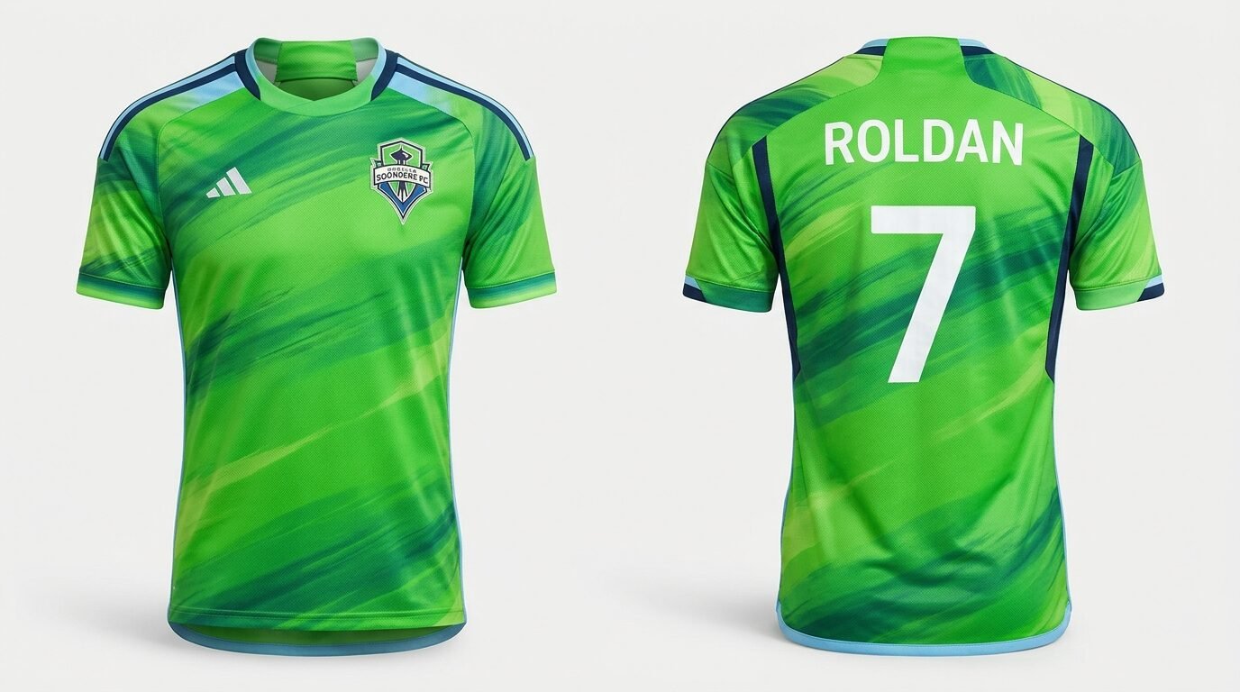 Rave green Seattle Sounders style soccer jersey number 7 - front and back view