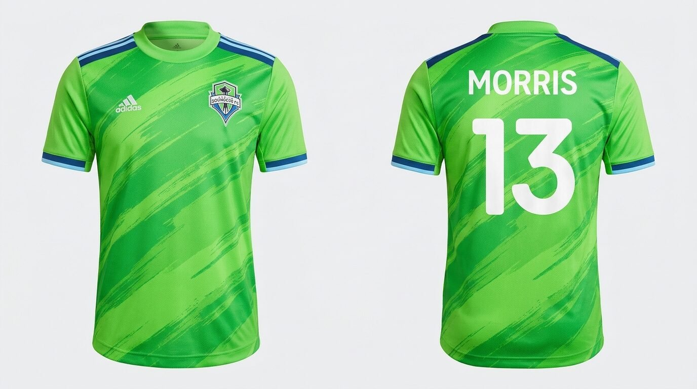 Rave green Seattle Sounders style soccer jersey number 13 - front and back view