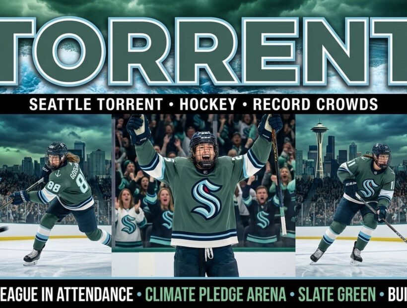 Seattle Torrent team 2026 poster — Alex Carpenter #25, Julia Gosling #88 and Emily Brown #11 in slate green home jerseys