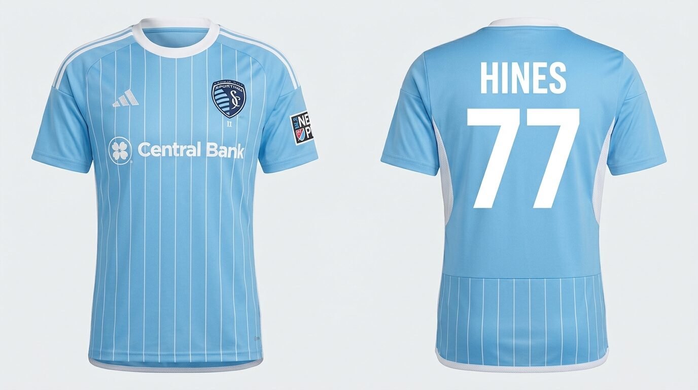 Sky blue Sporting KC II style soccer jersey number 77 - front and back view