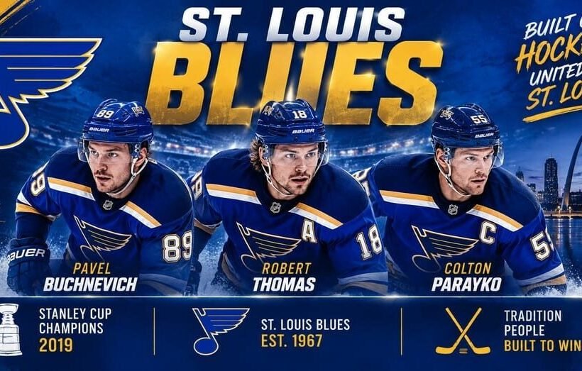 St. Louis Blues team 2026 poster — captain Robert Thomas #18 with Pavel Buchnevich #89 and Colton Parayko #55 in blue home jerseys