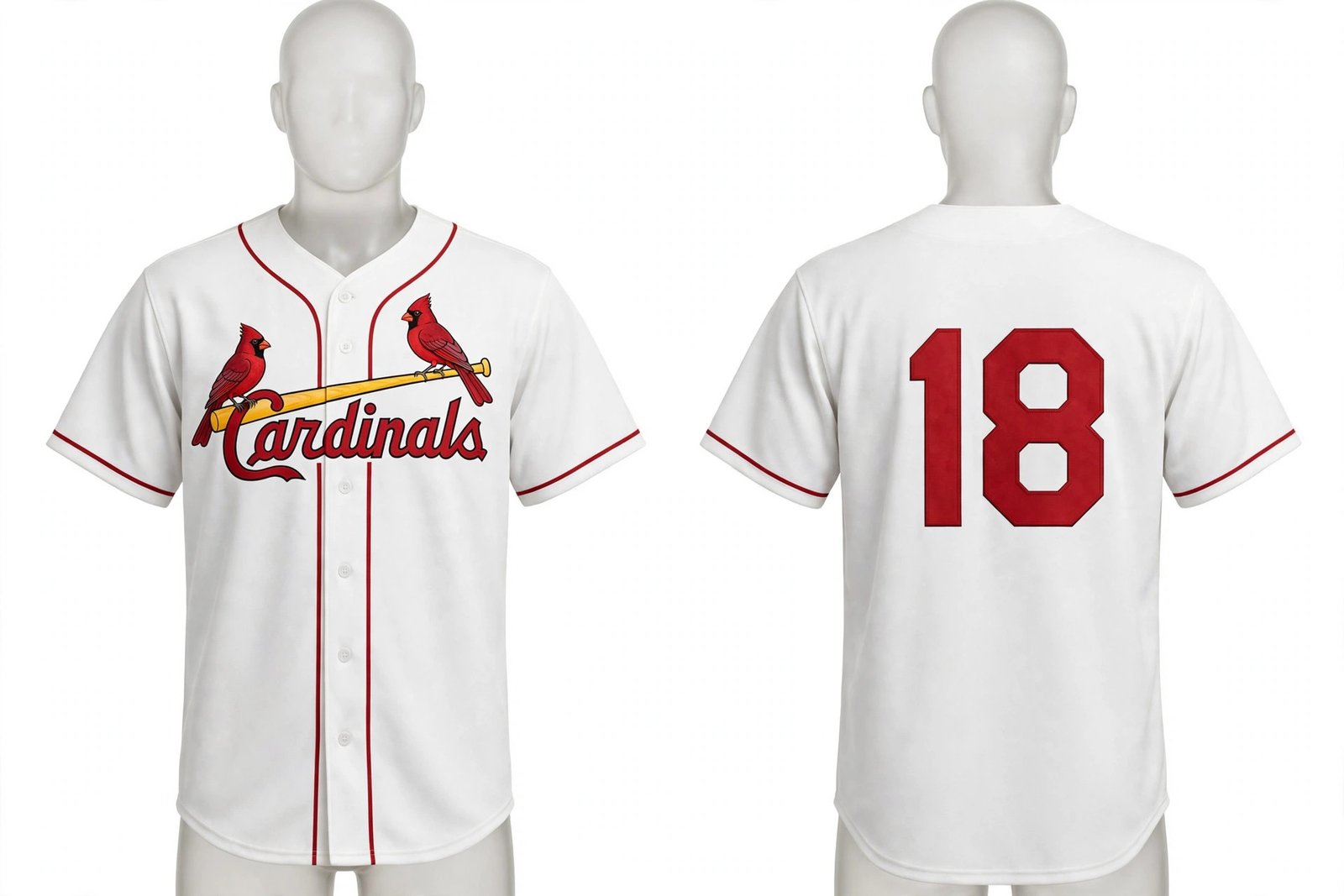 White St. Louis Cardinals style home baseball jersey number 18 - front and back view