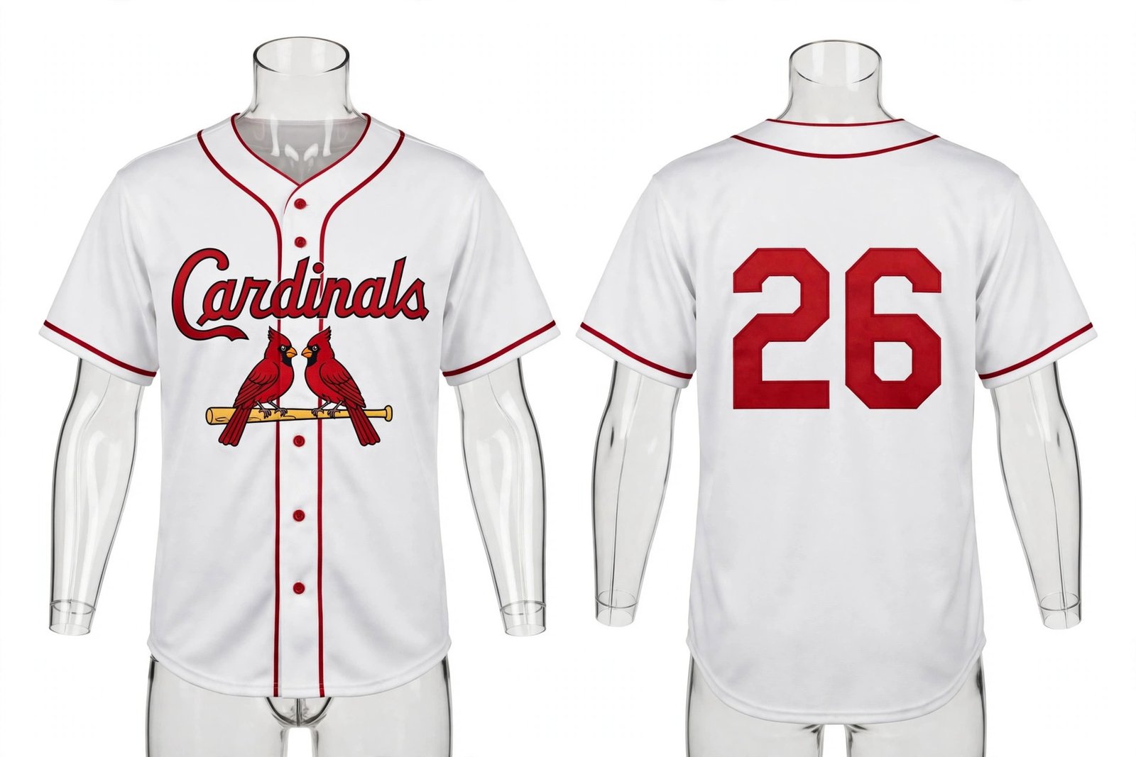 White St. Louis Cardinals style home baseball jersey number 26 - front and back view