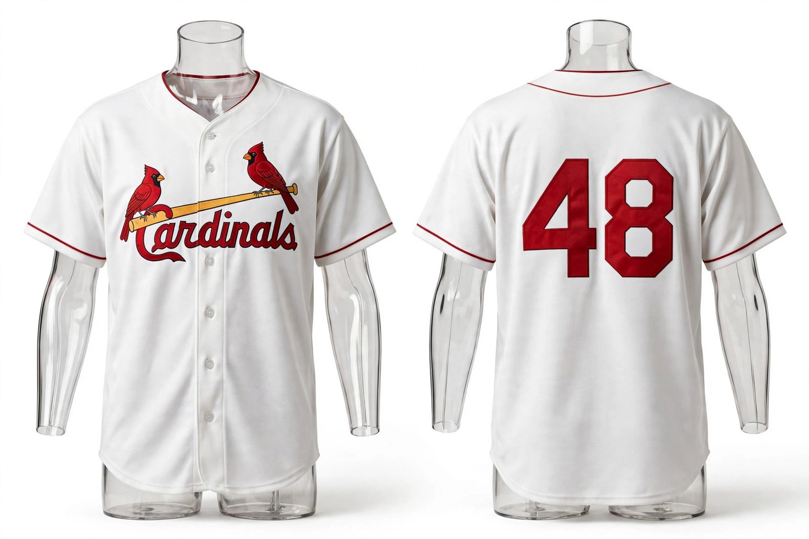 White St. Louis Cardinals style home baseball jersey number 48 - front and back view