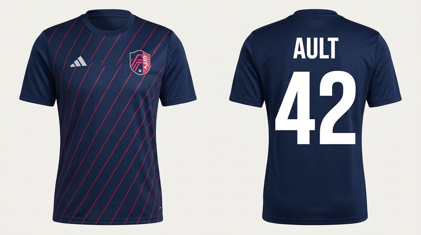 Navy St. Louis CITY2 style soccer jersey with red pinstripes number 42 - front and back view