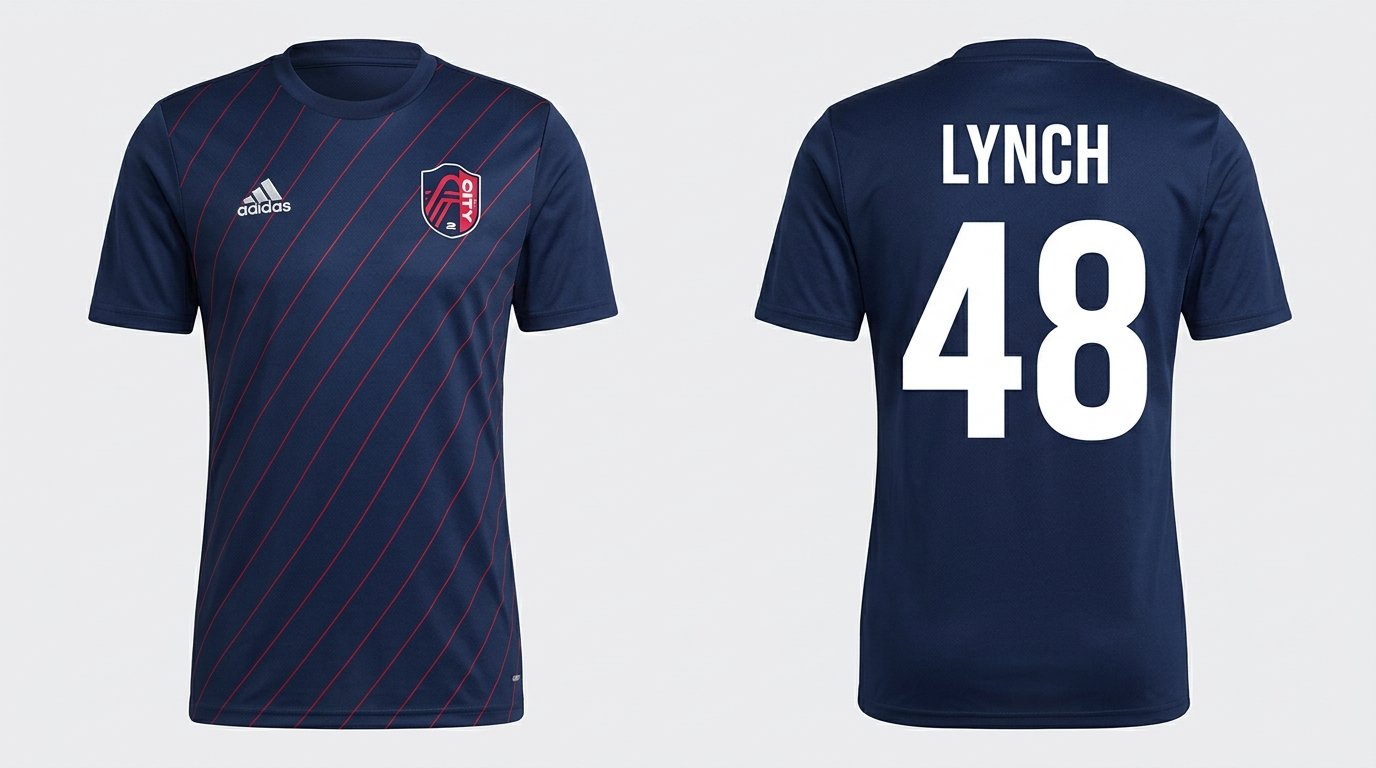Navy St. Louis CITY2 style soccer jersey with red pinstripes number 48 - front and back view