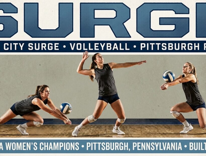 Steel City Surge 2026 poster banner — Rivet, Bennett and Bidelman in the charcoal Surge jerseys