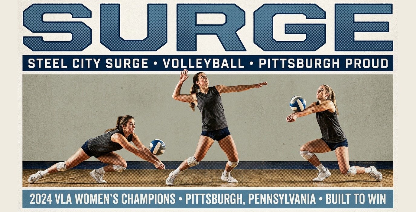 Steel City Surge 2026 poster banner — Rivet, Bennett and Bidelman in the charcoal Surge jerseys