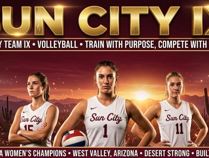 Sun City Team IX women 2026 poster banner — Raygoza, Schultz and Murray in the white VLA jerseys