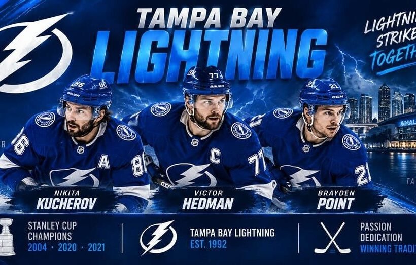 Tampa Bay Lightning team 2026 poster — captain Victor Hedman #77 with Hart Trophy winner Nikita Kucherov #86 and Brayden Point #21 in blue home jerseys