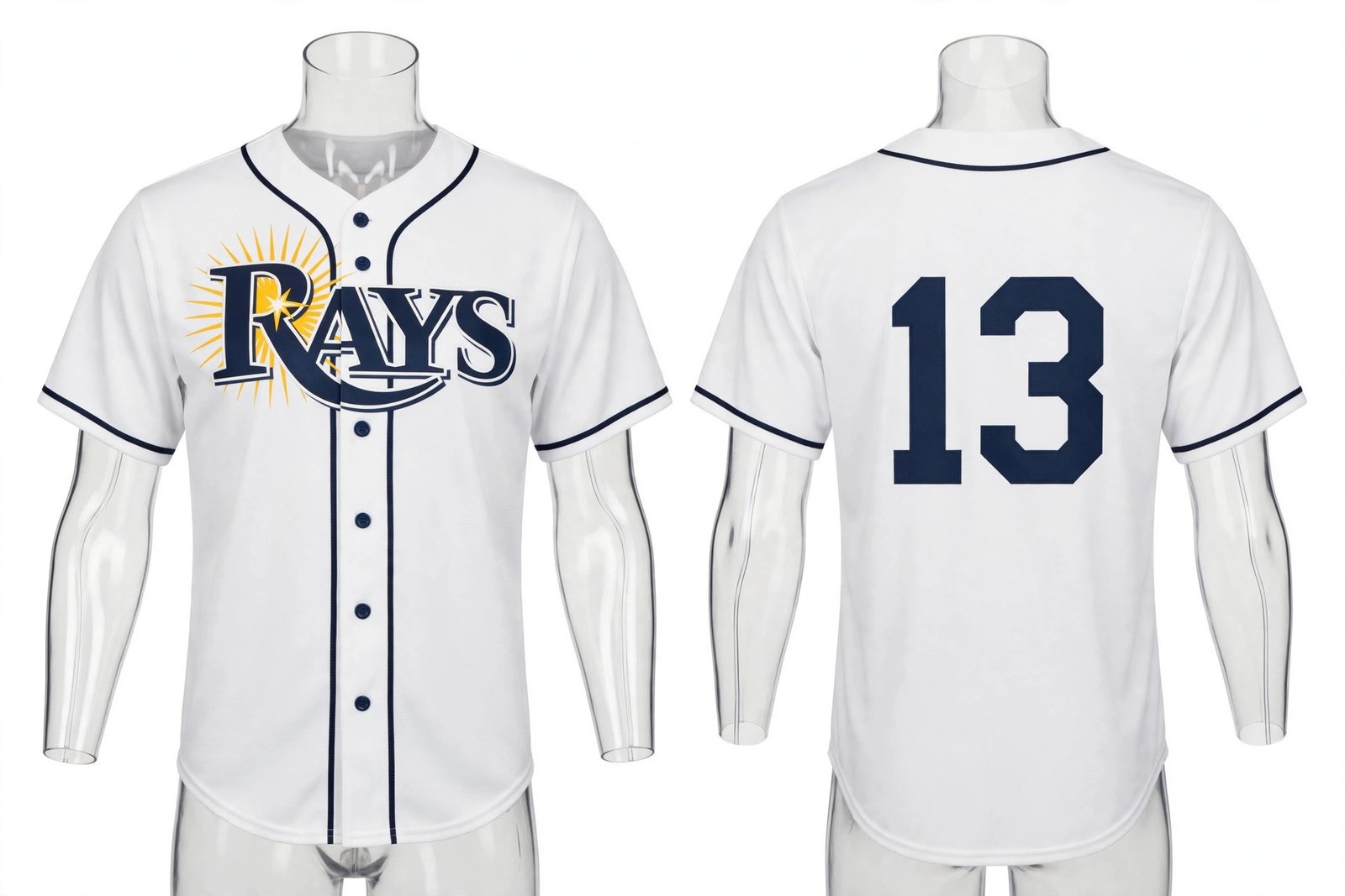 White Tampa Bay Rays style home baseball jersey number 13 - front and back view