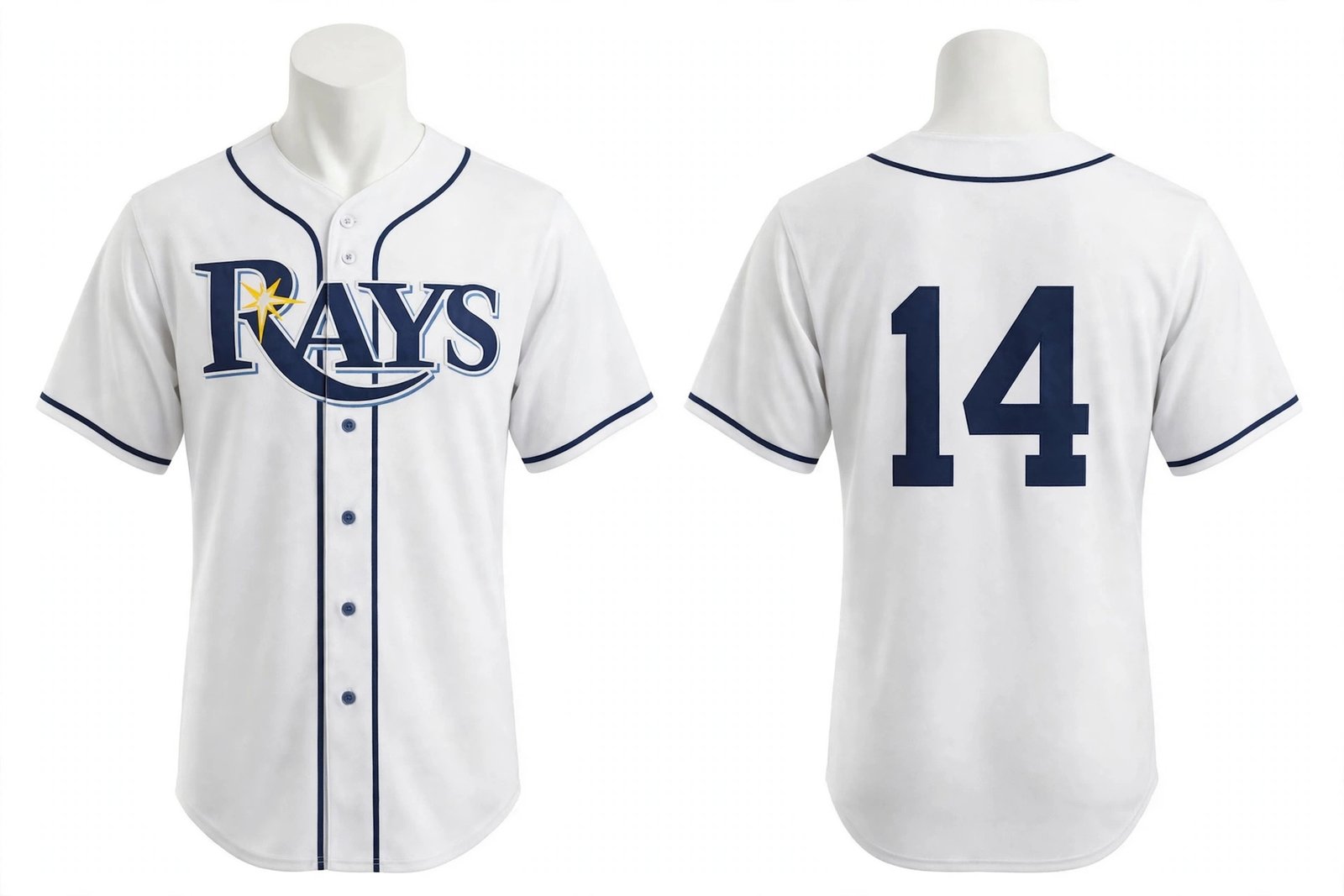 White Tampa Bay Rays style home baseball jersey number 14 - front and back view