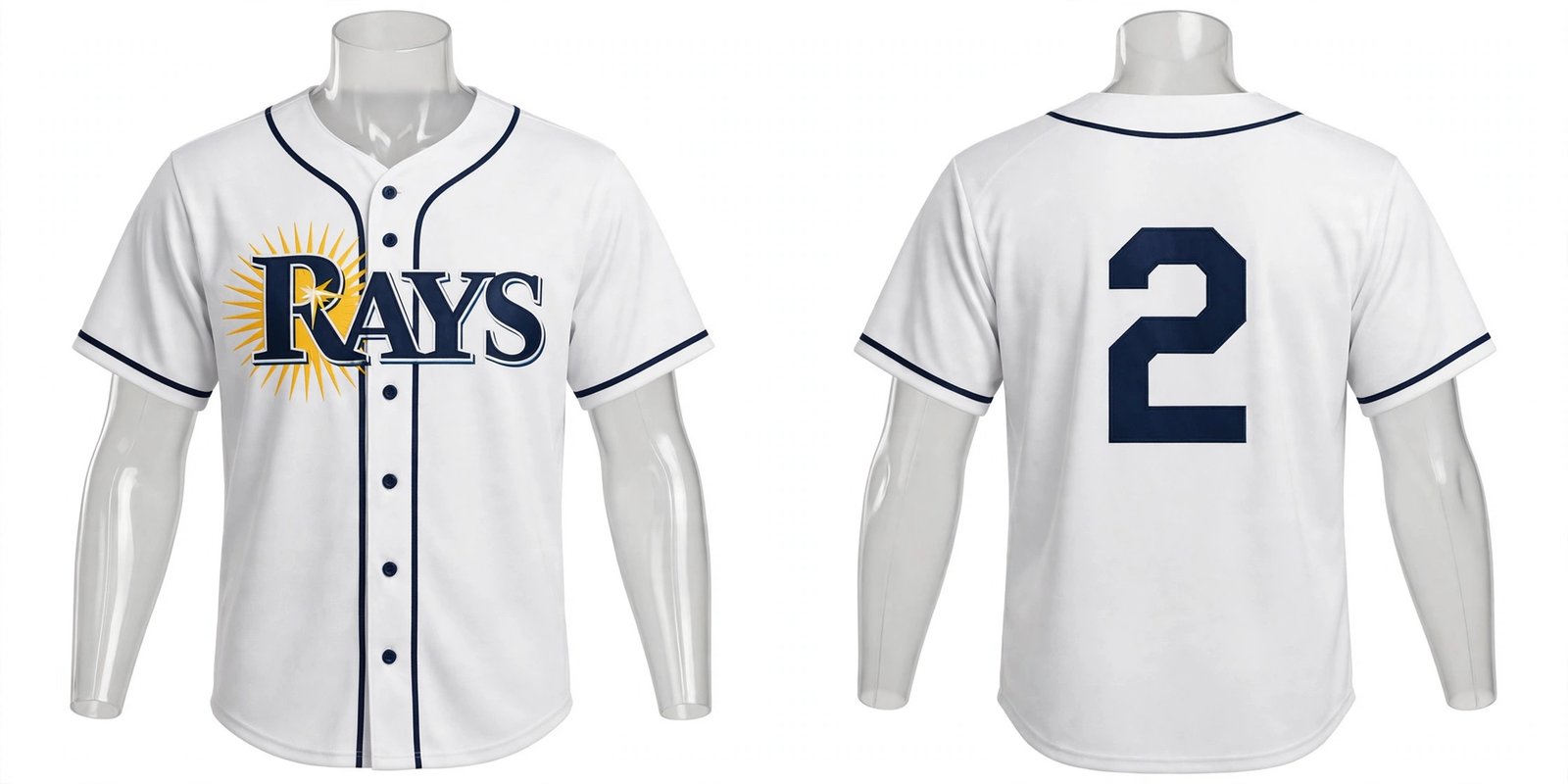 White Tampa Bay Rays style home baseball jersey number 2 - front and back view