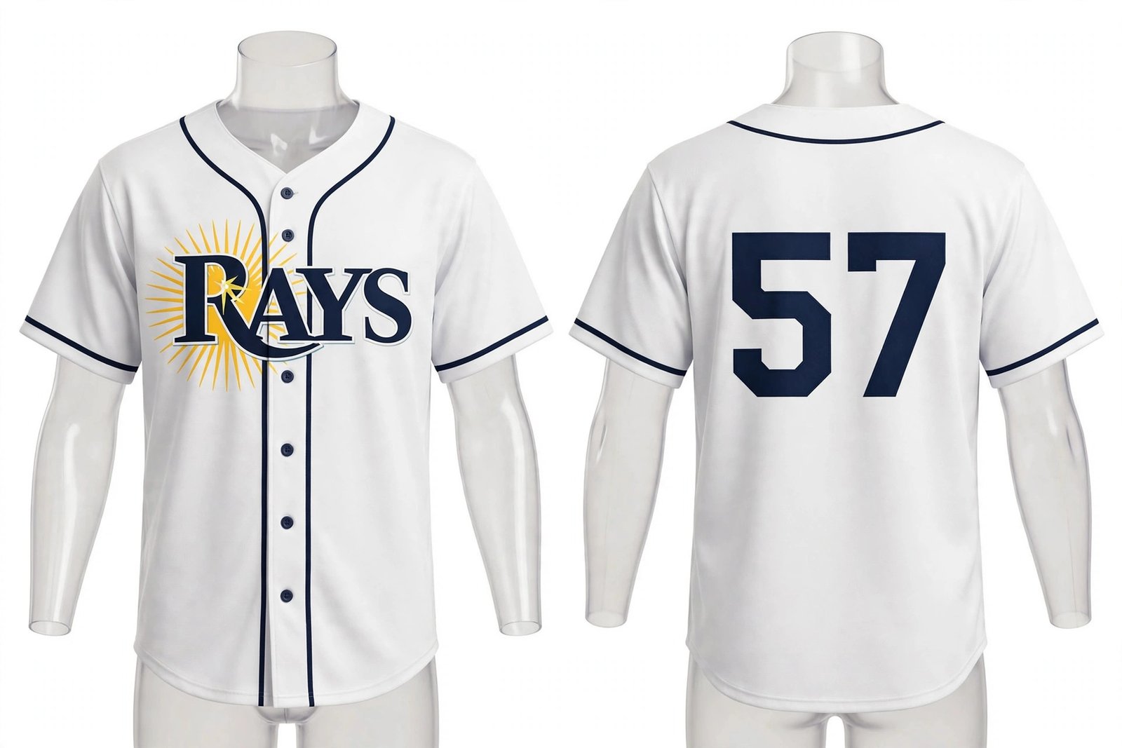 White Tampa Bay Rays style home baseball jersey number 57 - front and back view
