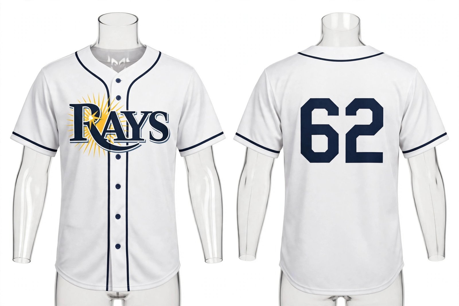 White Tampa Bay Rays style home baseball jersey number 62 - front and back view