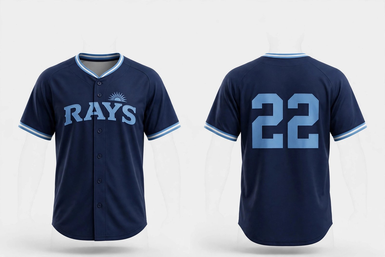 Navy Tampa Bay Rays baseball jersey number 22 – front and back view