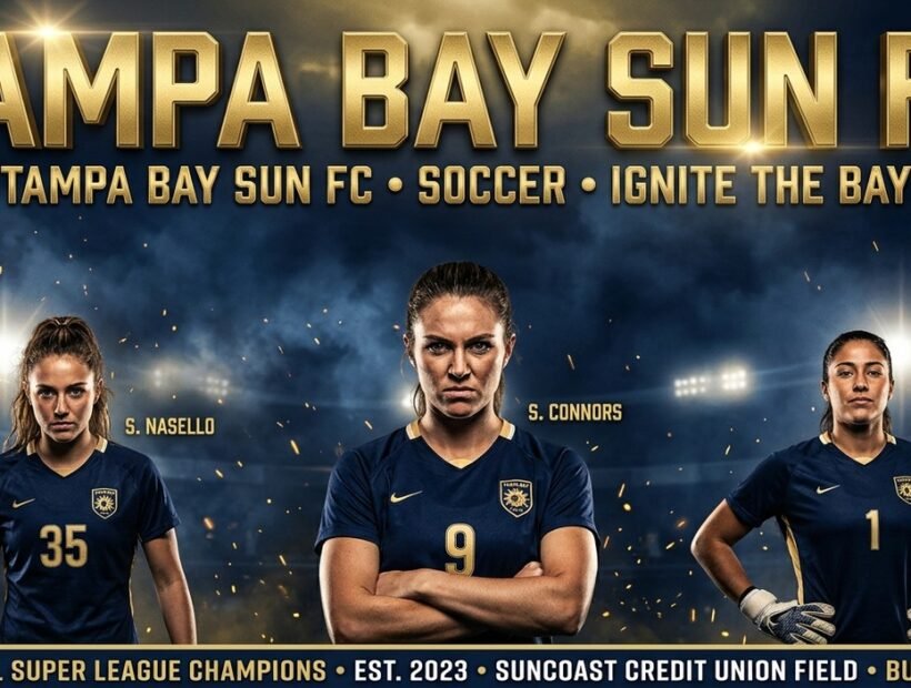 Tampa Bay Sun FC 2026 poster banner with Shea Connors, Sydny Nasello and Cristina Roque