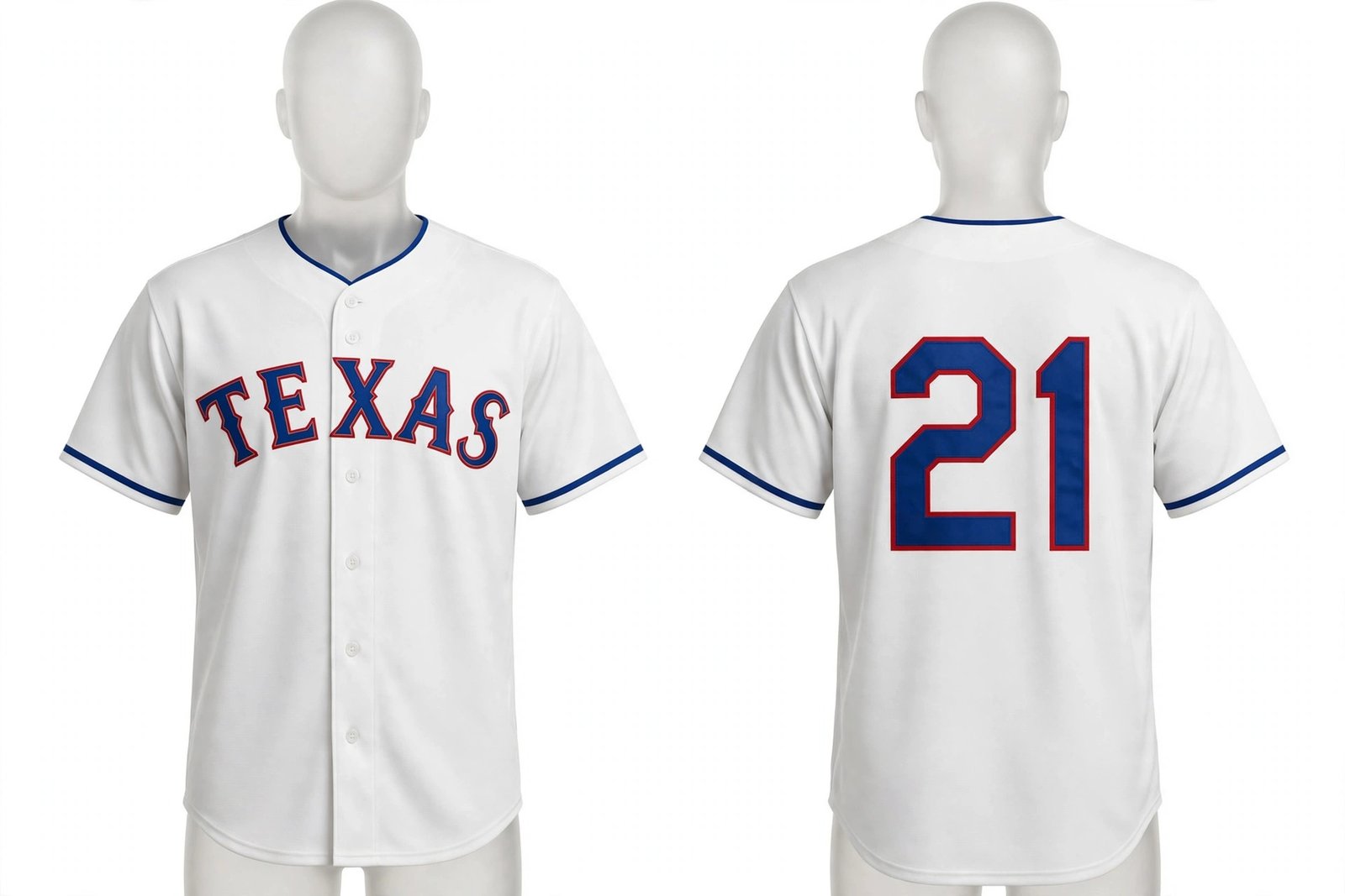 White Texas Rangers style home baseball jersey number 21 - front and back view