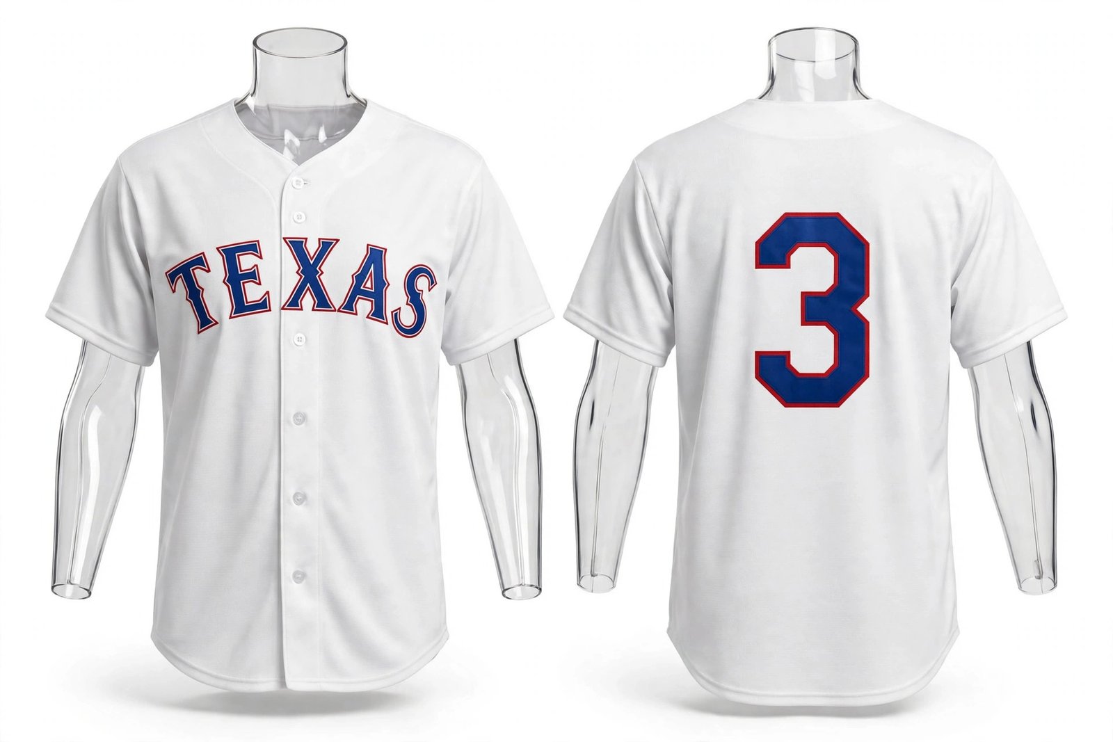 White Texas Rangers style home baseball jersey number 3 - front and back view