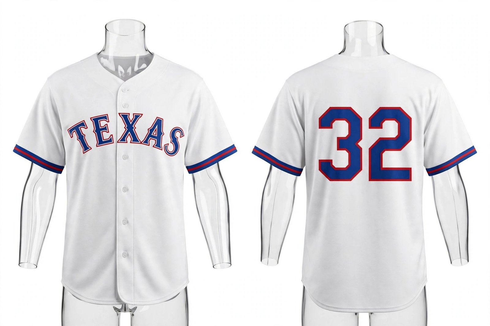 White Texas Rangers style home baseball jersey number 32 - front and back view