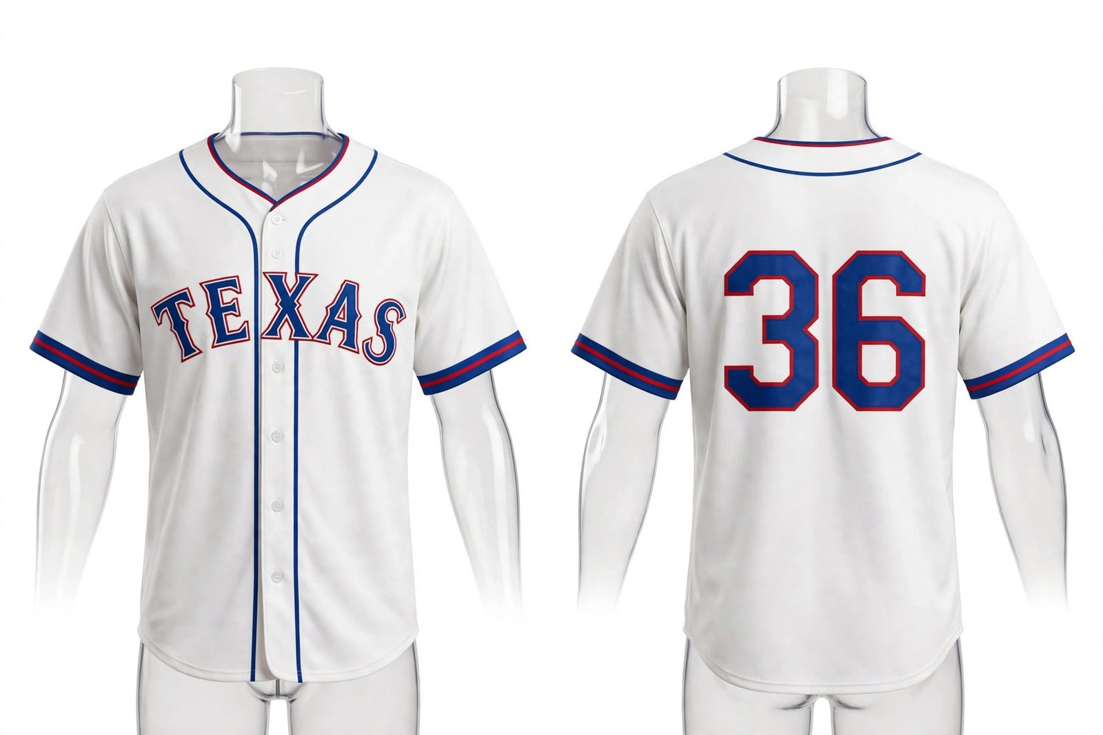 White Texas Rangers style home baseball jersey number 36 - front and back view