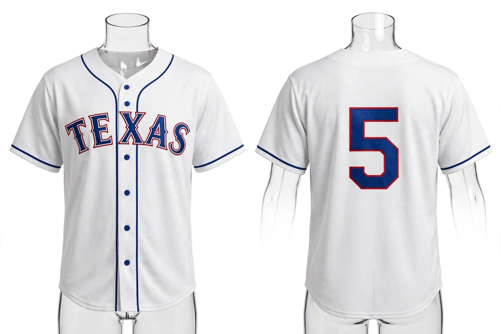 White Texas Rangers style home baseball jersey number 5 - front and back view
