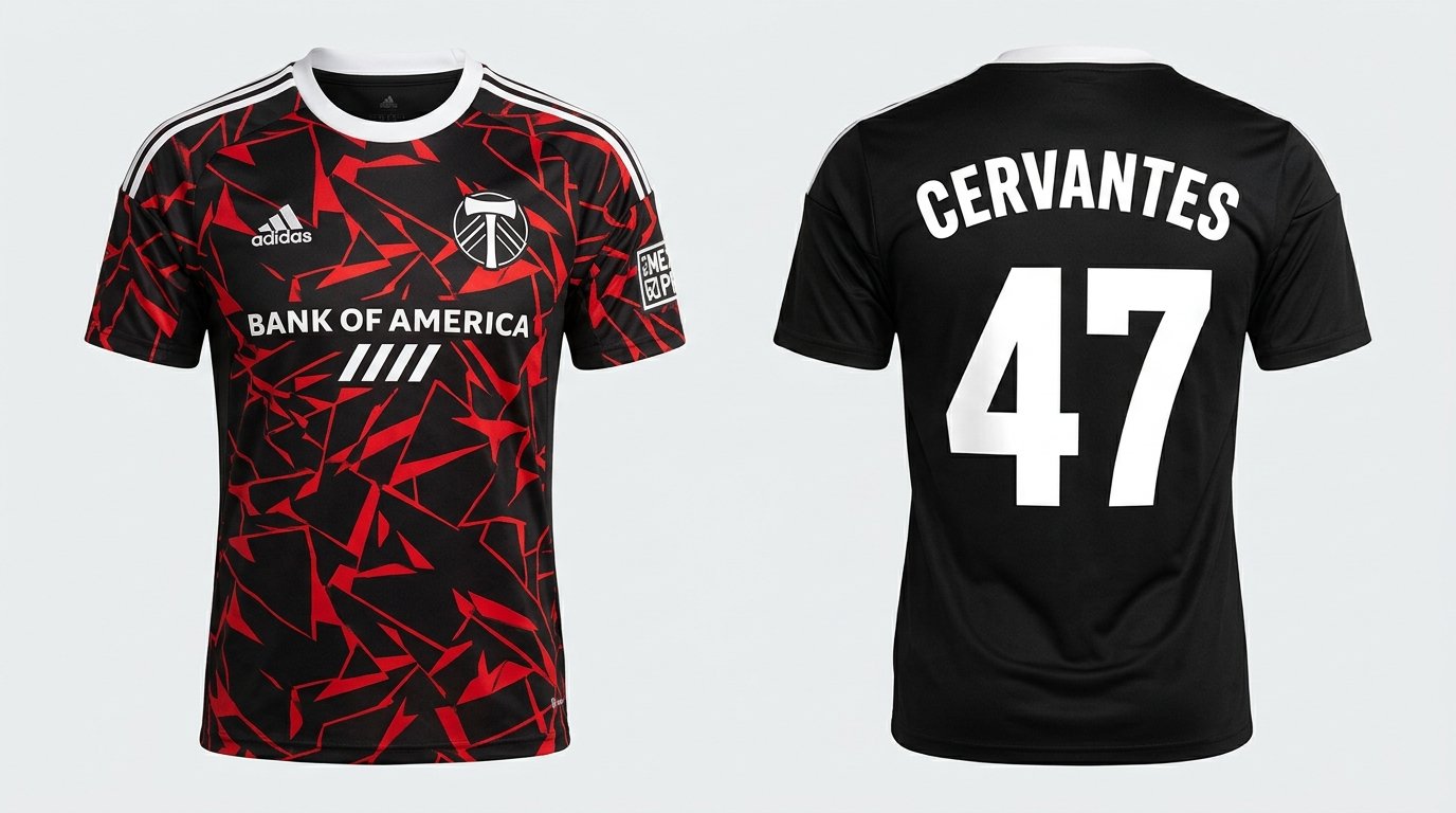 Black and red Portland Timbers2 style soccer jersey number 47 - front and back view