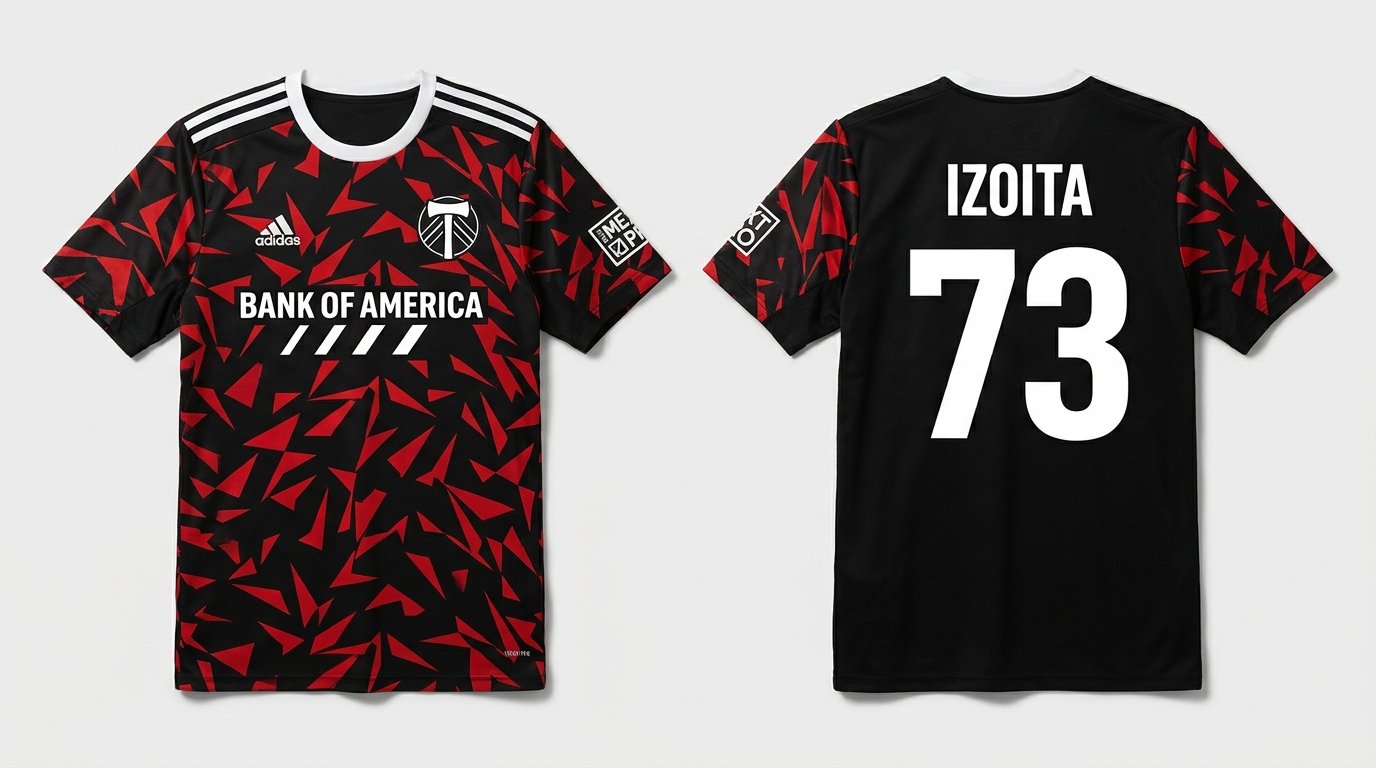 Black and red Portland Timbers2 style soccer jersey number 73 - front and back view