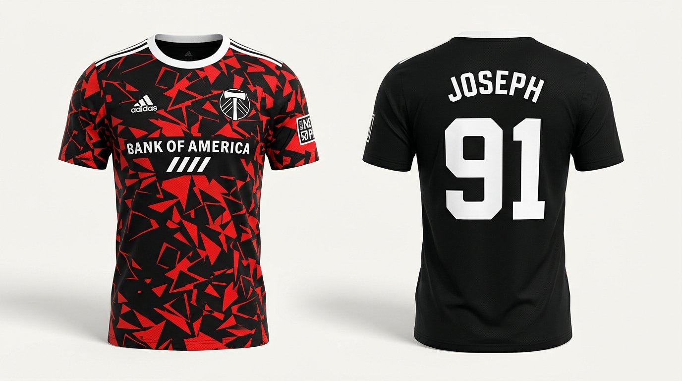 Black and red Portland Timbers2 style soccer jersey number 91 - front and back view