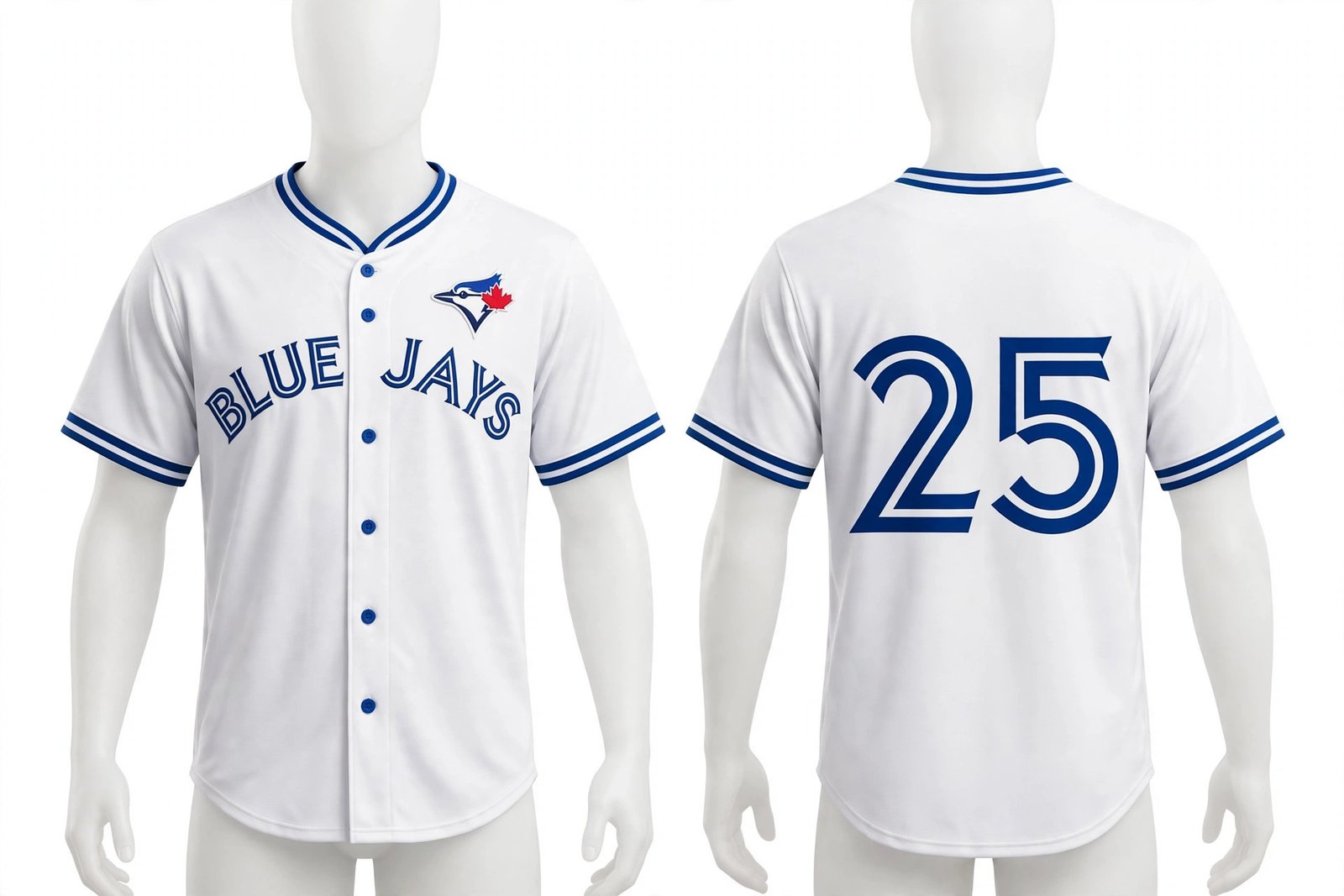 White Toronto Blue Jays style home baseball jersey number 25 - front and back view
