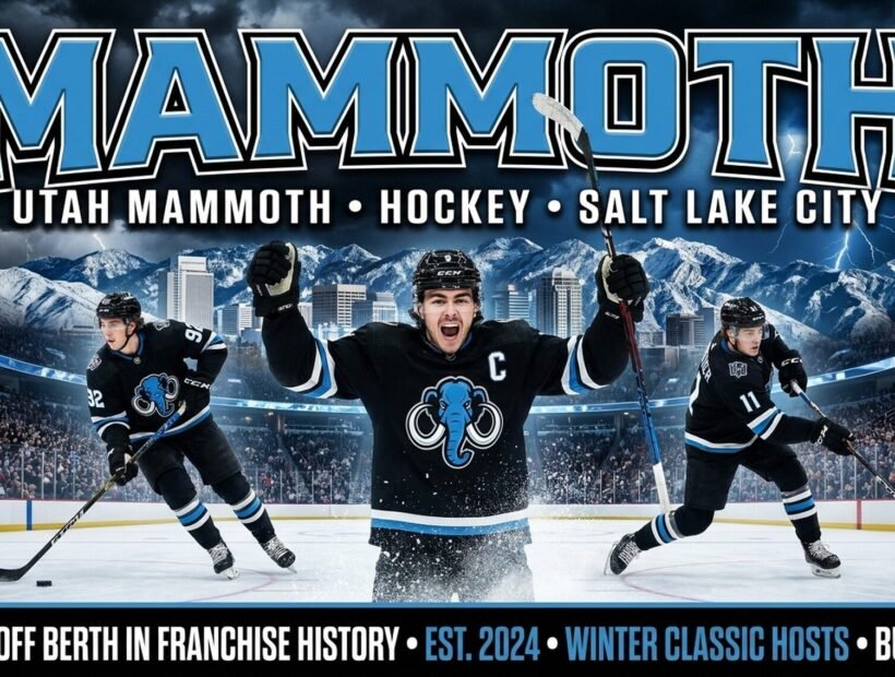 Utah Mammoth team 2026 poster — captain Clayton Keller #9 with Logan Cooley #92 and Dylan Guenther #11 in rock black home jerseys