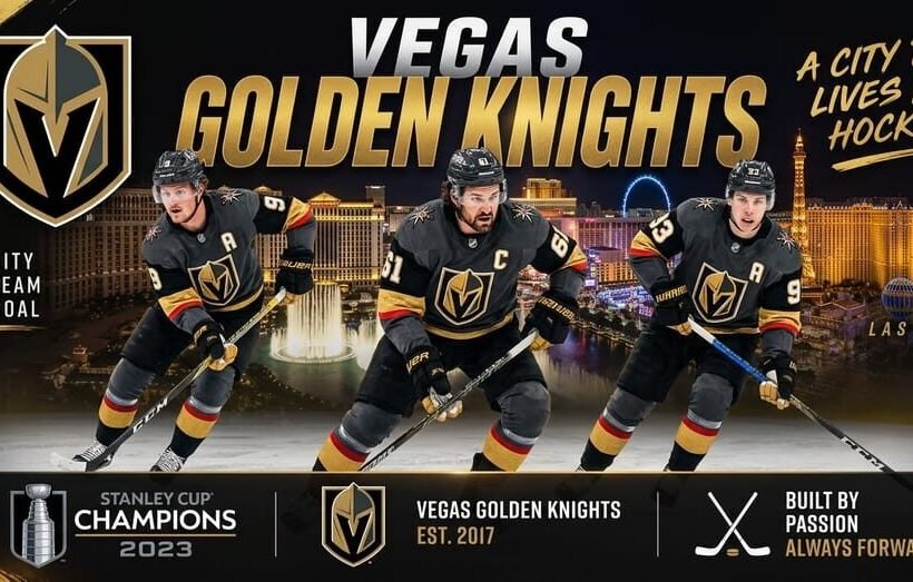 Vegas Golden Knights team 2026 poster — captain Mark Stone #61 with Jack Eichel #9 and Mitch Marner #93 in steel gray home jerseys