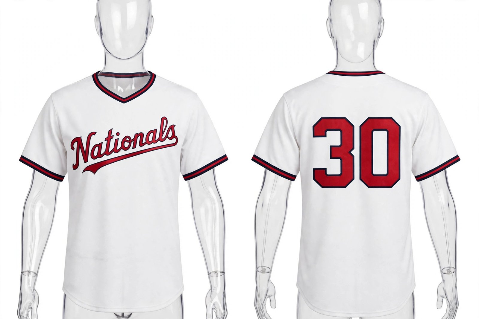 White Washington Nationals style home baseball jersey number 30 - front and back view