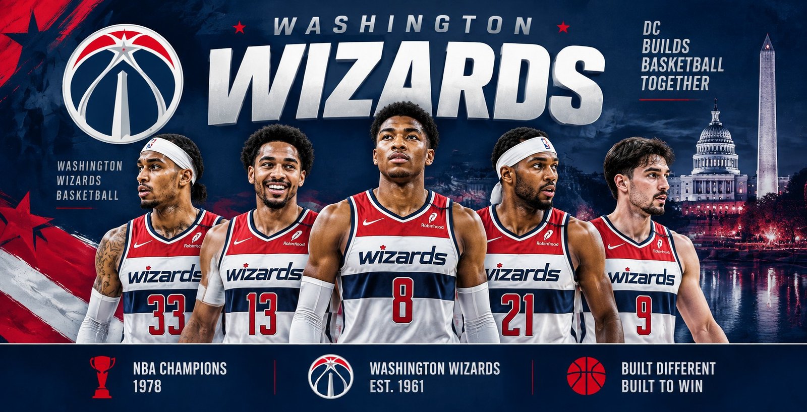 Washington Wizards players in red jerseys – 2026-27 team