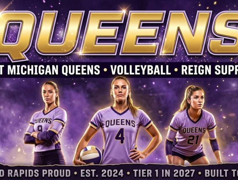 West Michigan Queens 2026 poster banner — Vander Meer, Phommavongsa and Zwart in the lavender VLA jerseys